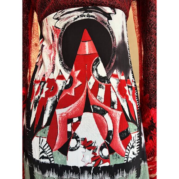 Save the Queen Italy Art Print Lace Sleeve Dress Red Black Long Sleeve Y2K L - Picture 6 of 8